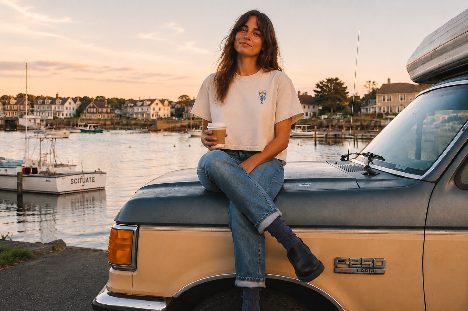 Woman in a Checkered Lobster tee sitting on a truck hood at Scituate Harbor at sunset