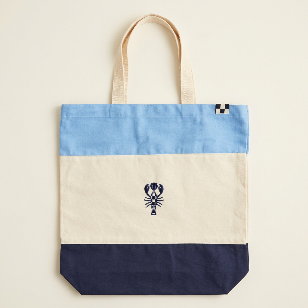 Heritage Carryall in Harbor Stripe with navy lobster and checkered tag