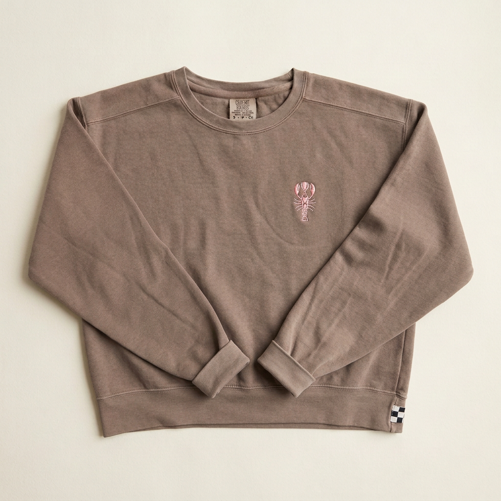 Driftwood Heritage Crew with pink embroidered lobster and checkered hem tag